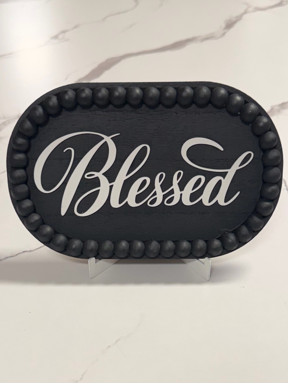 Blessed Beaded Decorative Sign - Black and White with easel